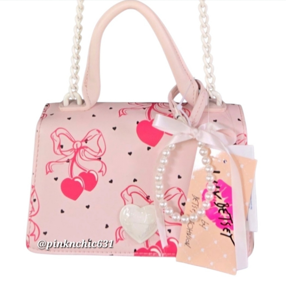 Betsey Johnson LBevie Coquette Bow Cherry Hearts Pink Satchel Crossbody Purse - Picture 3 of 13